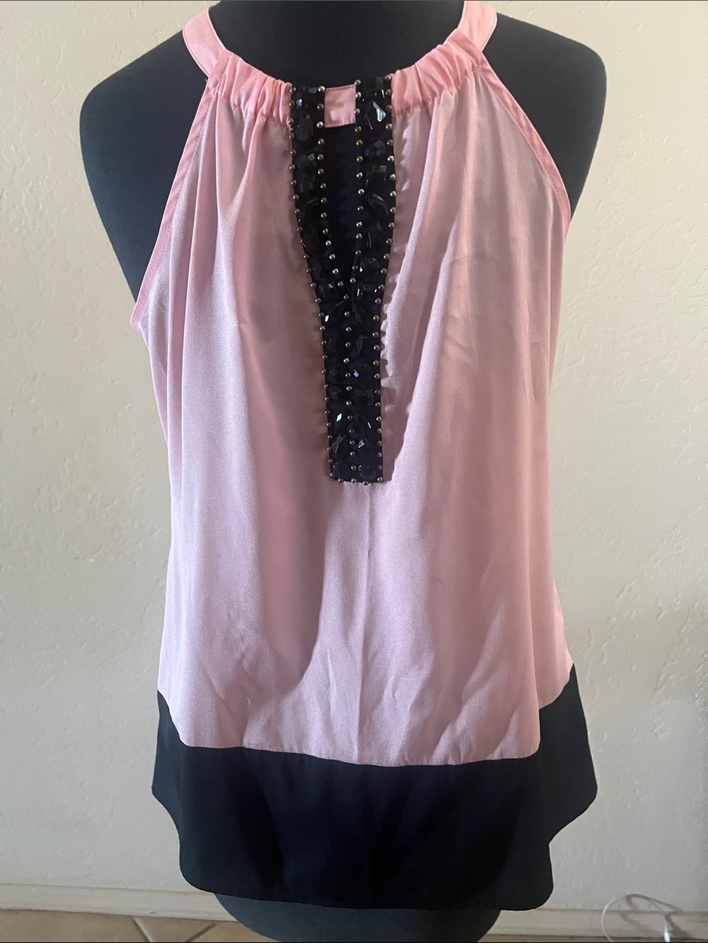 New York & Company Pink and Black Beaded Halter Camisole
